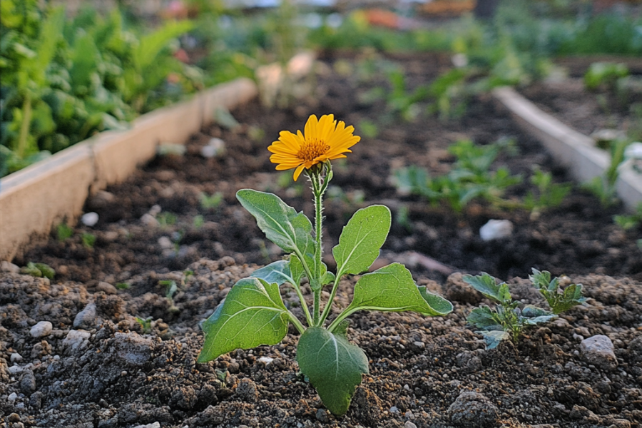 A garden bed with a yellow-flowered weed, Arctotheca calendula, growing among young plants.