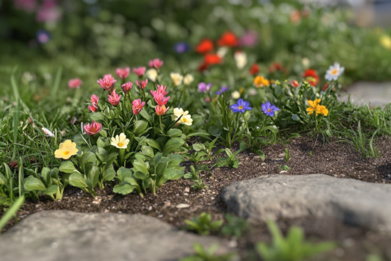 A colorful flower bed with small weeds emerging among the flowers.