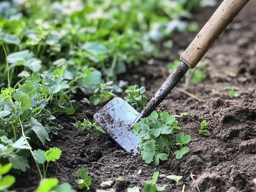 A close-up of a garden hoe being used to remove weeds from soil for effective weed control.