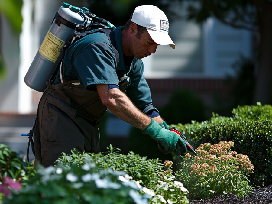 A landscaper applying herbicides to a landscaped garden for effective weed control.
