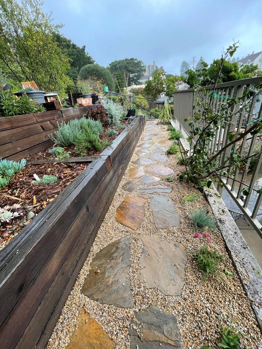 Custom stone pathway and raised planter installation as part of Commercial Landscaping Services in San Francisco